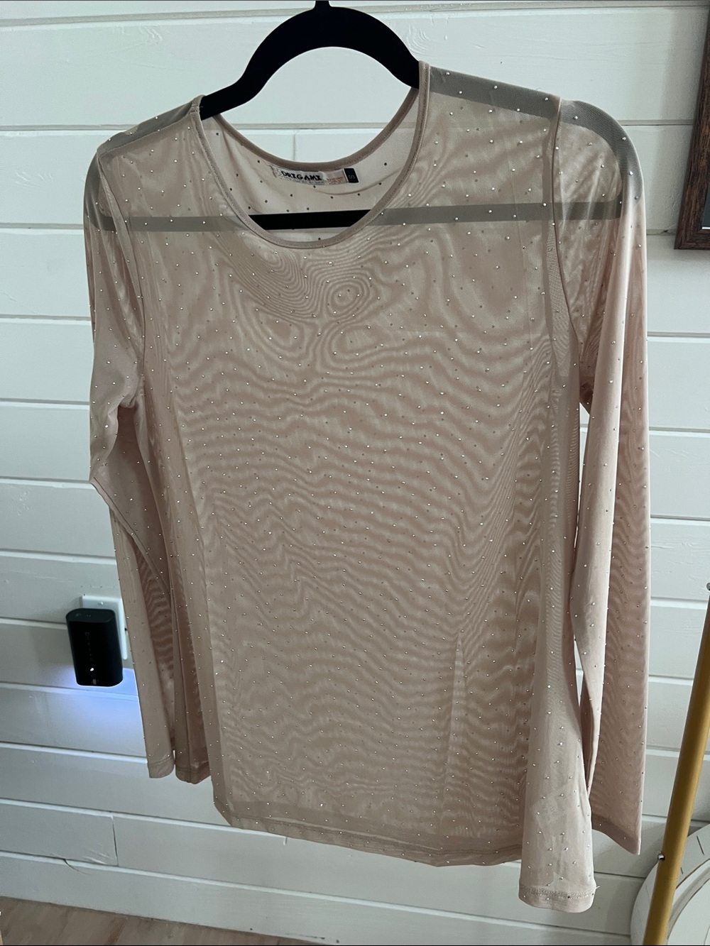 Embellished Long-Sleeve Mesh Top in Taupe